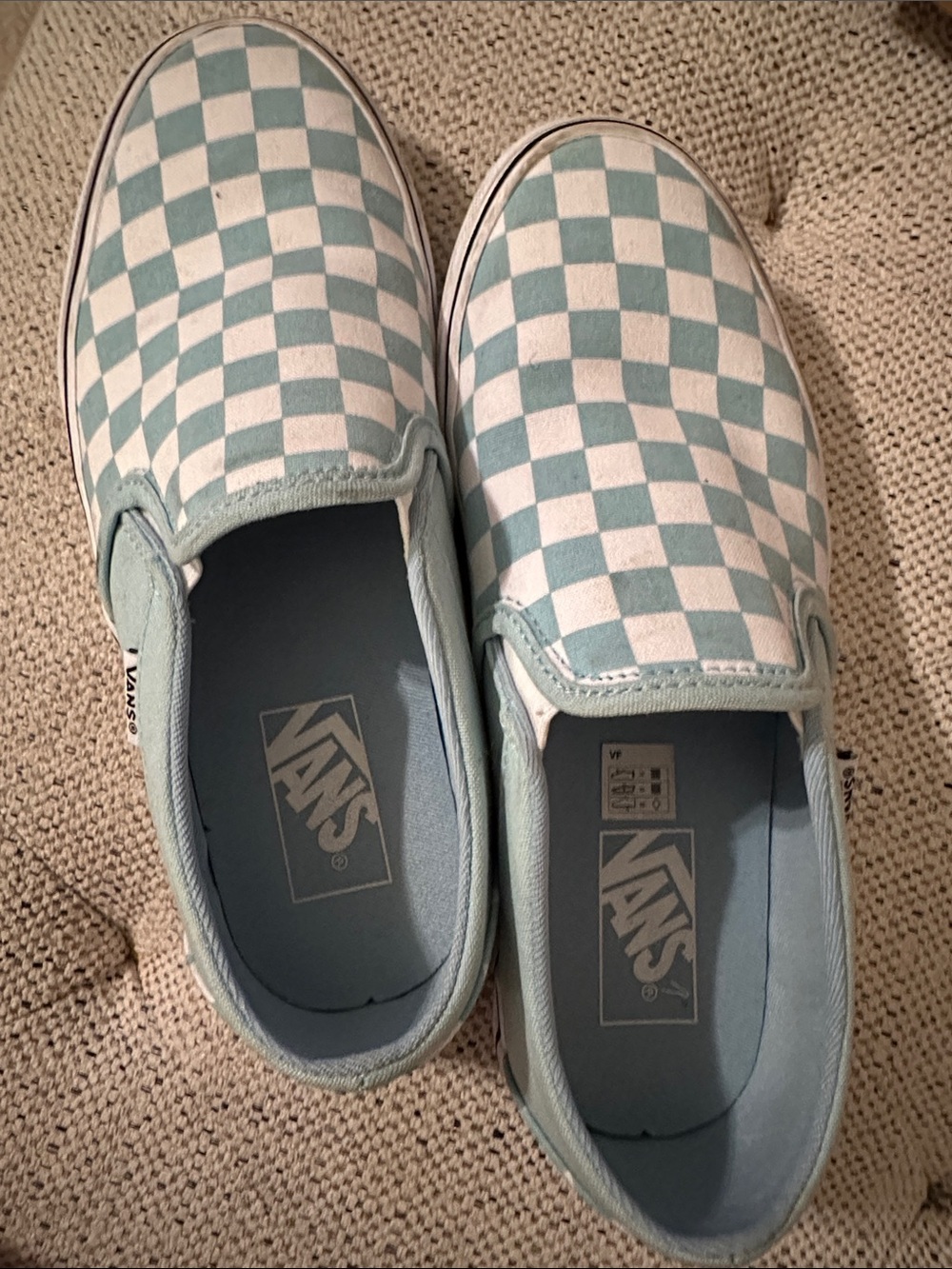 Vans womens Checkerboard Slip-On Shoes - Light blue/White